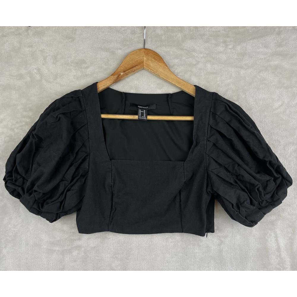 Forever 21 XS Black Babydoll Crop Top Puff Sleeve Elena Gilbert Whimsigoth - Picture 1 of 12